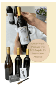 Weinpaket mit Rotwein Shiraz, Rotwein Roesler und Weißwein Cuvée Prestige, inklusive DIY-Etiketten und Goldstift.