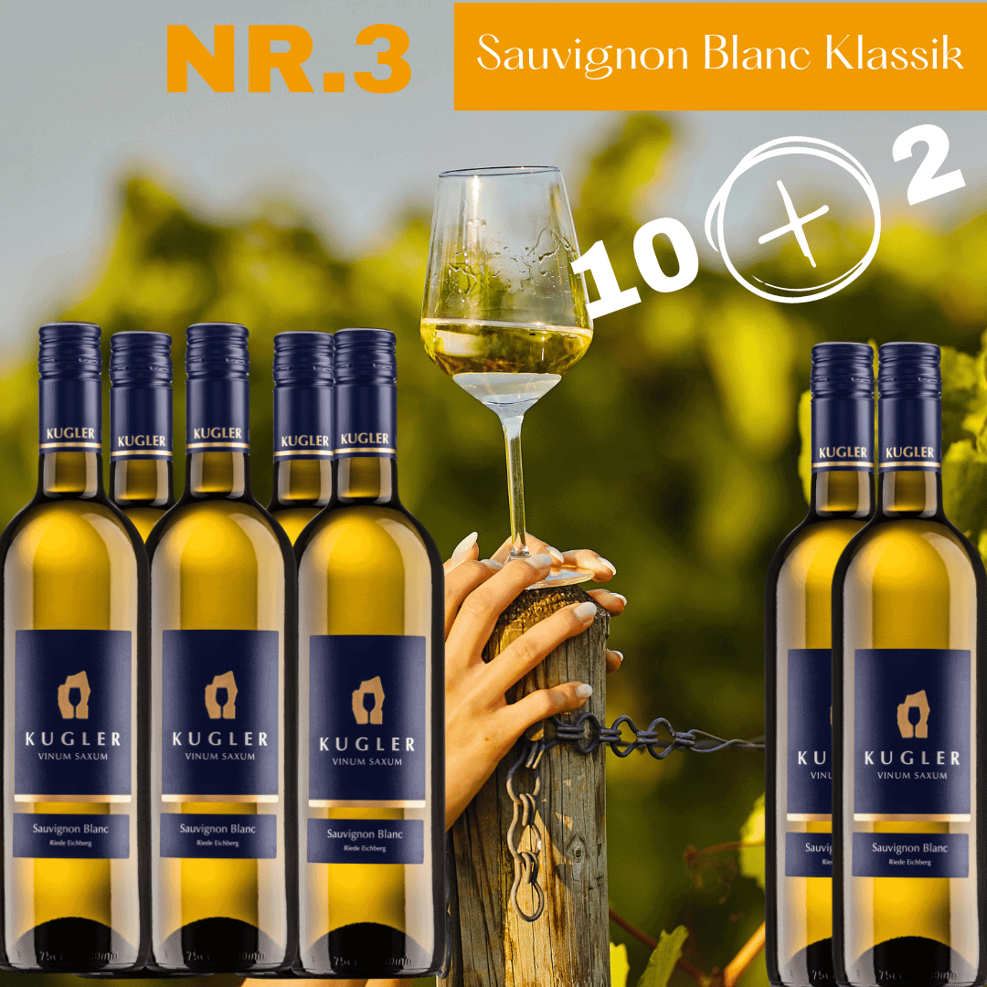 Flaschen des Sauvignon Blanc Klassik von Kugler Vinum Saxum mit einem Weinglas im Hintergrund, 10+2 gratis Aktion.